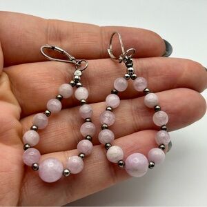 Genuine Rose Quartz Graduated Beaded Sterling Silver 925 Lever Back Earrings